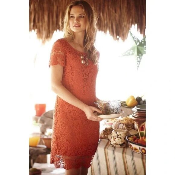 Anthropologie Moulinette Soeurs Horkelia Lace Short Sleeve Shift Dress in Orange - Picture 2 of 12